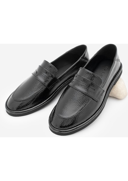 Kadın Loafer Düz Taban Makosen Günlük Ayakkabı Riston Siyah Rugan