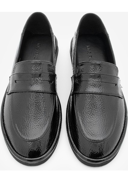 Kadın Loafer Düz Taban Makosen Günlük Ayakkabı Riston Siyah Rugan