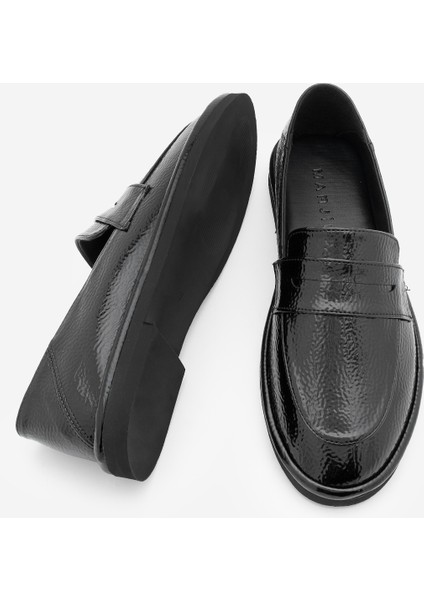 Kadın Loafer Düz Taban Makosen Günlük Ayakkabı Riston Siyah Rugan