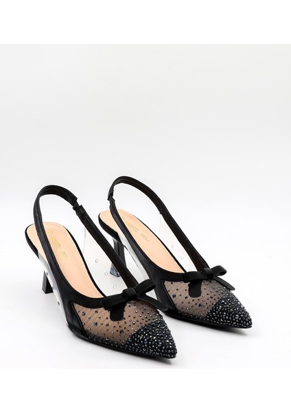 Kısa Topuk Arkası Açık Taşlı Fiyonk Detaylı Stiletto KB252 Siyah fiyatları