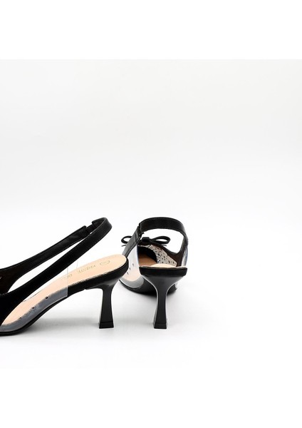 Kısa Topuk Arkası Açık Taşlı Fiyonk Detaylı Stiletto KB252 Siyah modelleri