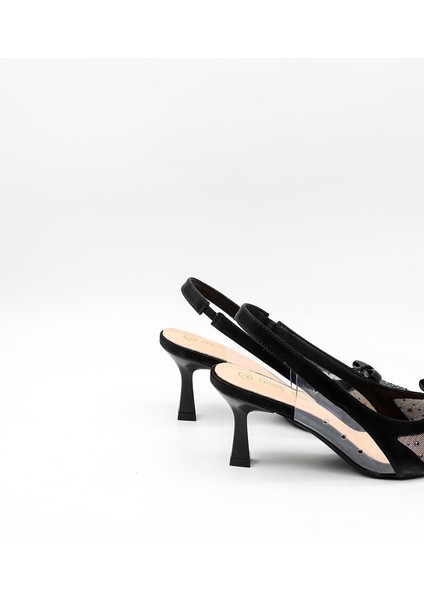 Kısa Topuk Arkası Açık Taşlı Fiyonk Detaylı Stiletto KB252 Siyah fırsatları