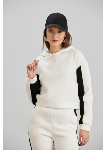 Kapüşonlu Crop Sweatshirt Ekru