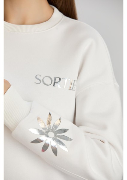 Varak Baskılı Bisiklet Yaka Üç Iplik Sweatshirt fırsatları