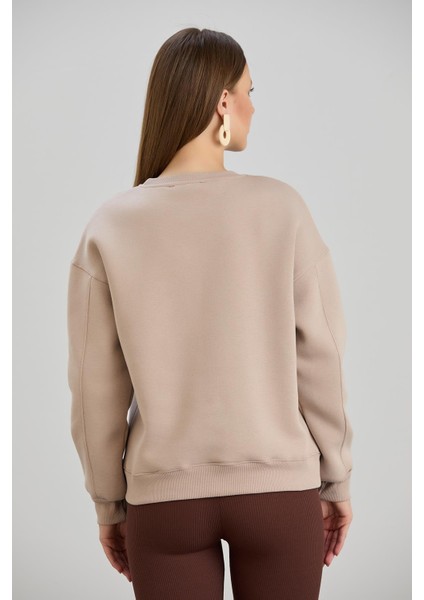 Kadın Taş Renk Nazar Boncuklu Bisiklet Yaka Üç Iplik Sweatshirt indirimleri