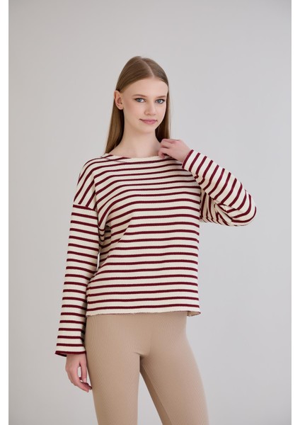 Dikiş Detay Çizgili Sweatshirt