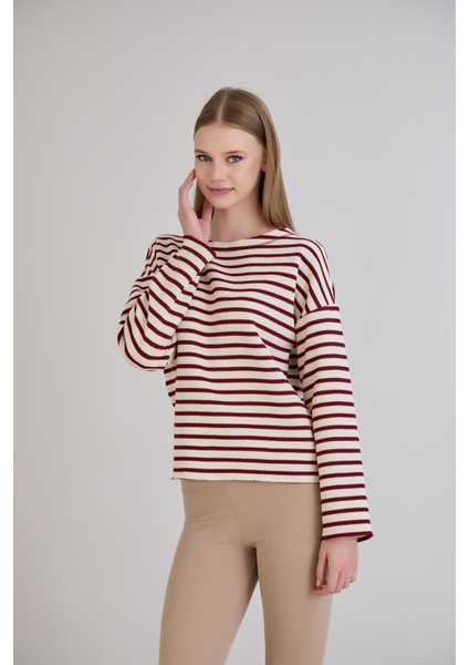 Dikiş Detay Çizgili Sweatshirt