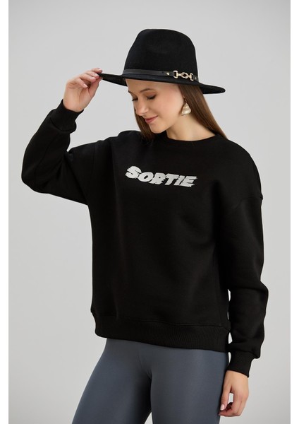 Kadın Bisiklet Yaka Regular Kalıp Midi Boy Sortie Baskılı Siyah Basic Sweatshirt modelleri