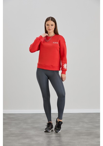 Varak Baskılı Bisiklet Yaka Üç Iplik Sweatshirt Nar