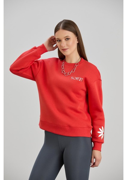 Varak Baskılı Bisiklet Yaka Üç Iplik Sweatshirt Nar fiyatları