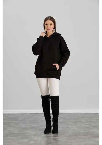 .kapşonlu Kanguru Cepli Üç Iplik Sweatshirt Siyah