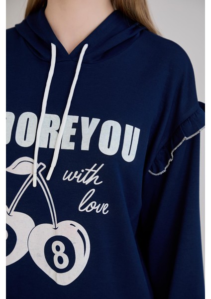 Kiraz Baskılı Kapşonlu Sweatshirt