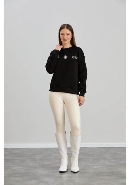 Güneş Baskılı Bisiklet Yaka Üç Iplik Sweat Siyah