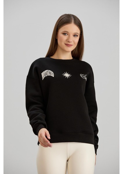 Güneş Baskılı Bisiklet Yaka Üç Iplik Sweat Siyah fiyatları