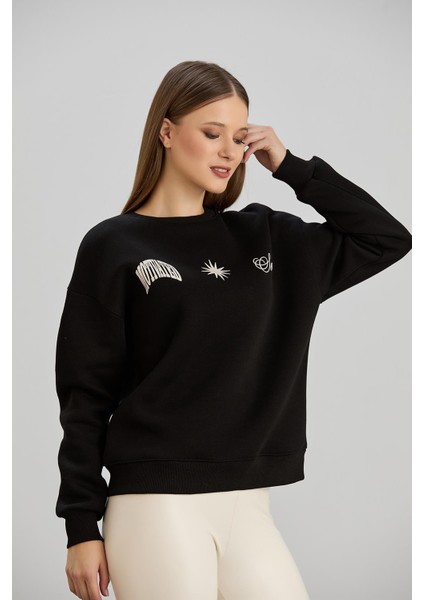 Güneş Baskılı Bisiklet Yaka Üç Iplik Sweat Siyah fırsatları