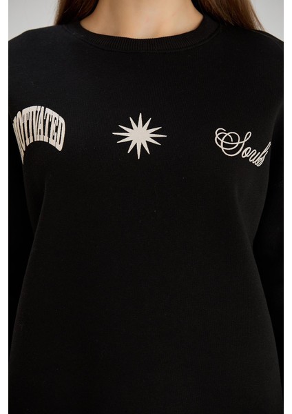 Güneş Baskılı Bisiklet Yaka Üç Iplik Sweat Siyah indirimleri