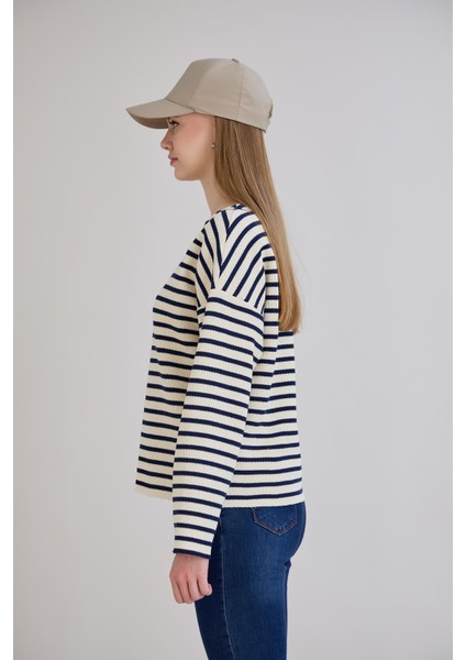 Dikiş Detay Çizgili Sweatshirt