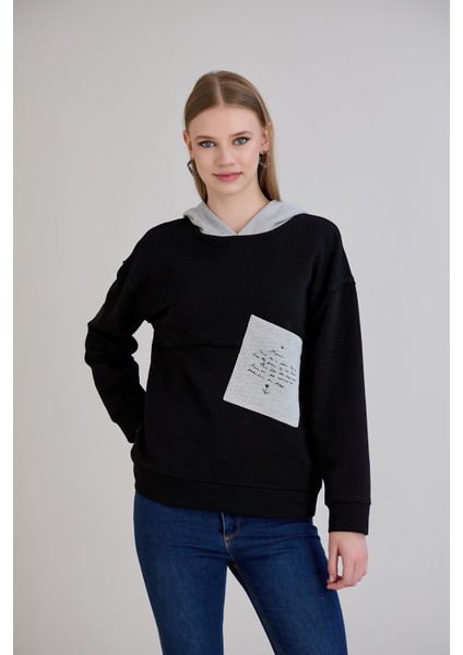 Triko Garnili Kapüşonlu Üç Iplik Sweatshirt fırsatları