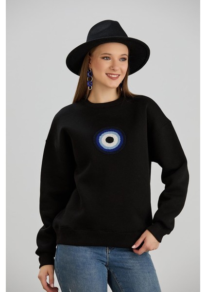 Kadın Siyah Renk Nazar Boncuklu Bisiklet Yaka Üç Iplik Sweatshirt fırsatları