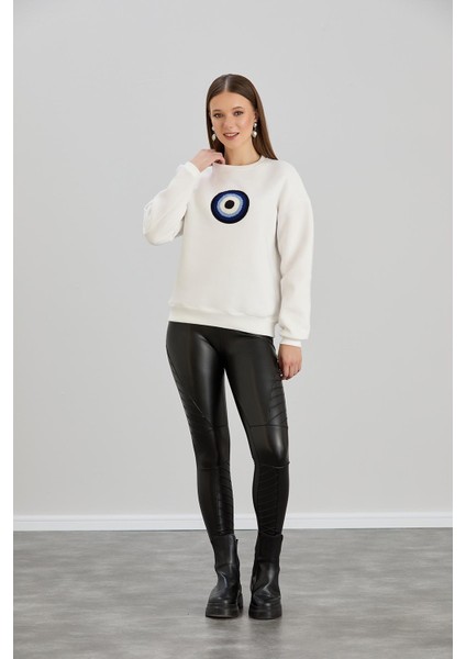 Kaadın Ekru Renk Nazar Boncuklu Bisiklet Yaka Üç Iplik Sweatshirt fiyatları