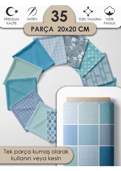 Patchwork Kumaş Seti – 35 Desen 20X20 cm | %100 Pamuk Saten | Tek Parça Kumaş | Dikiş, El Işi ve Quilting Için Özel Tasarım