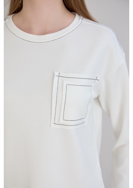 Dikiş Detay Bisiklet Yaka Modal Sweatshirt Ekru