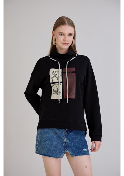 Kadın Bebe Yaka Arkası Uzun Midi Boy Balıkçı Kordonlu Siyah Sweatshirt