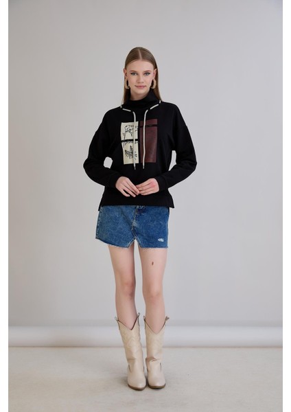 Kadın Bebe Yaka Arkası Uzun Midi Boy Balıkçı Kordonlu Siyah Sweatshirt fiyatları