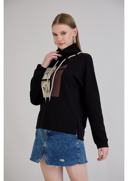 Kadın Bebe Yaka Arkası Uzun Midi Boy Balıkçı Kordonlu Siyah Sweatshirt modelleri