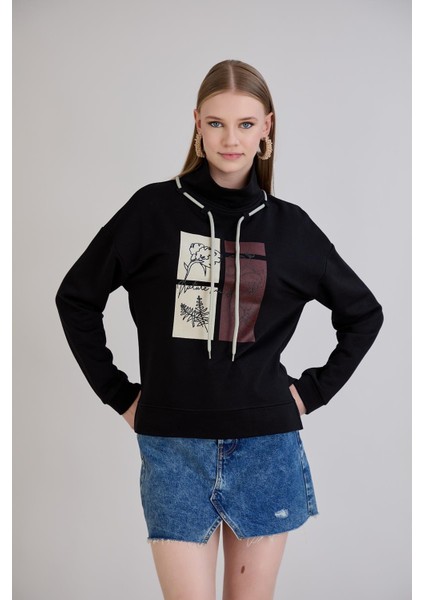 Kadın Bebe Yaka Arkası Uzun Midi Boy Balıkçı Kordonlu Siyah Sweatshirt fırsatları