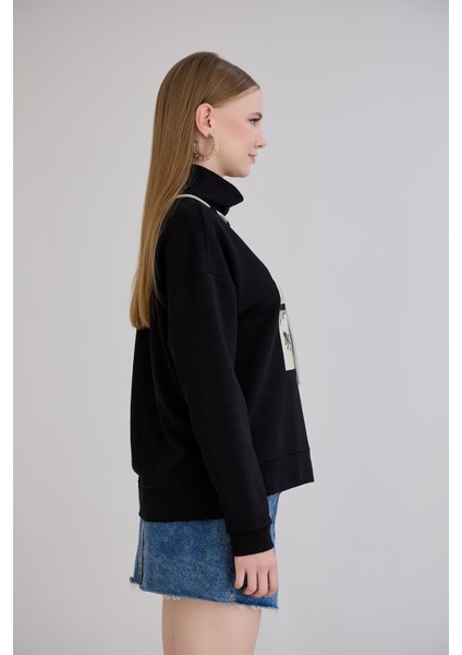 Kadın Bebe Yaka Arkası Uzun Midi Boy Balıkçı Kordonlu Siyah Sweatshirt indirimleri