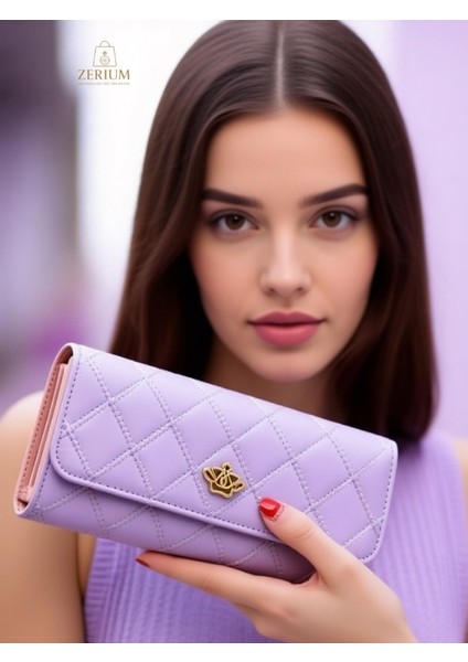 Trendy Argyle Desenli Premium Pu Deri Tri-Fold Kadın Uzun Cüzdan