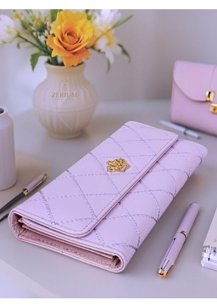 Trendy Argyle Desenli Premium Pu Deri Tri-Fold Kadın Uzun Cüzdan fiyatları