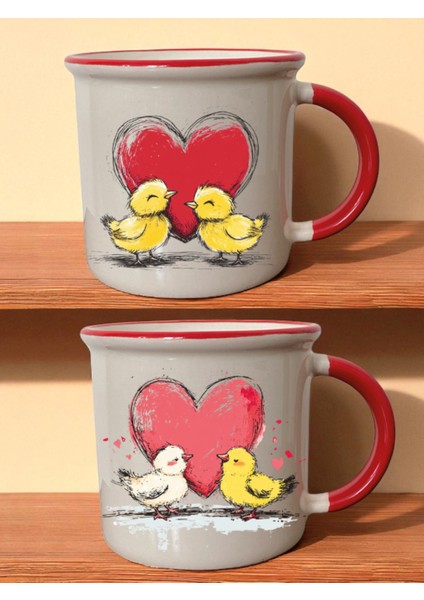 Kalp ve Civciv Baskılı Ağzı Kırmızı 2'li Kupa - Erkeğe Hediye Fikirleri, Öğretmen Hediyeleri