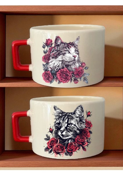 Çiçek ve Kedi Baskılı Kahve Fincanı - Öğretmenler Günü Hediyeleri, Hediyelik Eşya