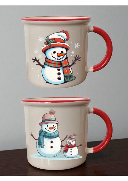 Kardan Adam Baskılı Ağzı Kırmızı Kupa - Erkek Öğretmene Hediye, Yeni Doğan Bebek Hediyesi