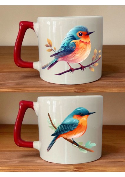 Sevimli Kuş Kırmızı Kulplu Kupa - Erkeğe Alınacak Hediye, Erkek Sevgili Hediyeleri, Çocuk Hediye