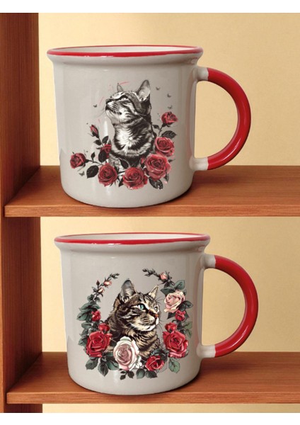 Çiçek ve Kedi Baskılı Ağzı Kırmızı Bardak - Öğretmenler Günü Hediyesi, Hediyelik Eşyalar