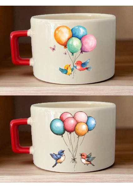 Balon ve Kuş Baskılı Kahve Fincanı - Annelere Hediye, Yeni Yıl Hediyesi, Anne Hediyeleri