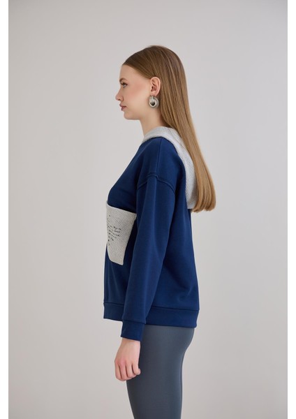Triko Garnili Kapüşonlu Üç Iplik Sweatshirt