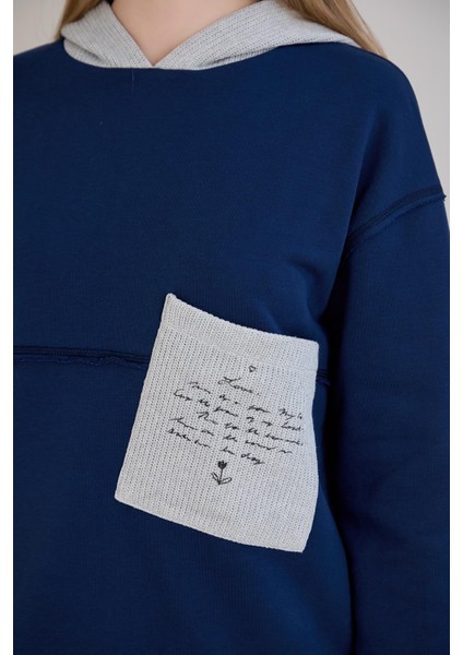 Triko Garnili Kapüşonlu Üç Iplik Sweatshirt