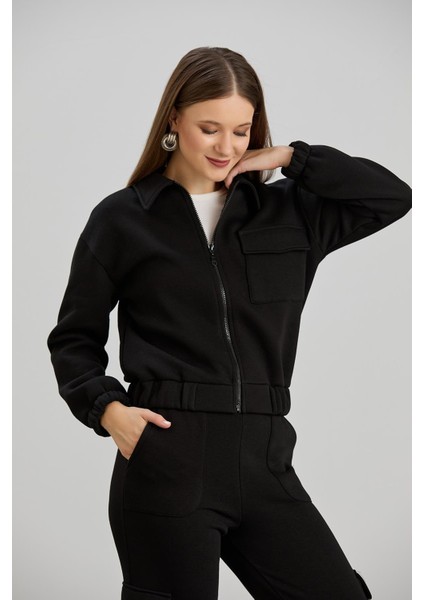 Cepli Gömlek Yaka Fermuarlı Midi Boy Sweatshirt