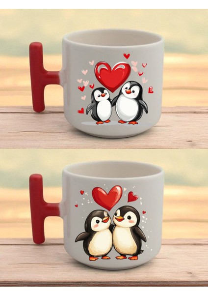 Kalp Penguen Baskılı Latte Bardağı - Kadına Hediye, Erkek Çocuğa Hediye