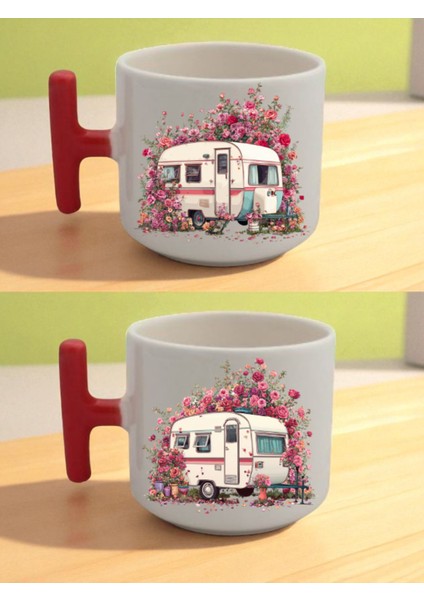 Çiçekli Karavan Baskılı Latte Kupası - Erkek Doğum Günü Hediyesi, Anneye Hediye, Ofis Hediyeleri