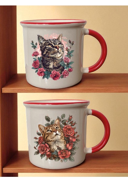 Çiçekler Içinde Kedi Baskılı Ağzı Kırmızı Bardak - Öğretmenler Günü Hediyesi, Hediyelik Eşyalar