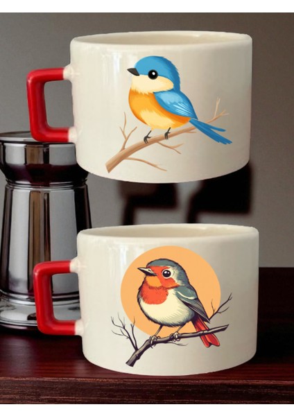 Kuş Baskılı 2'li Kahve Fincanı - Hediyelik Ürünler, Babalar Için Doğum Günü Hediyesi