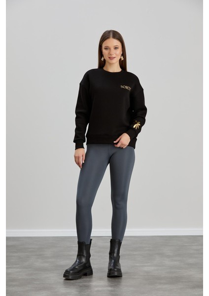 Varak Baskılı Bisiklet Yaka Üç Iplik Sweatshirt Siyah