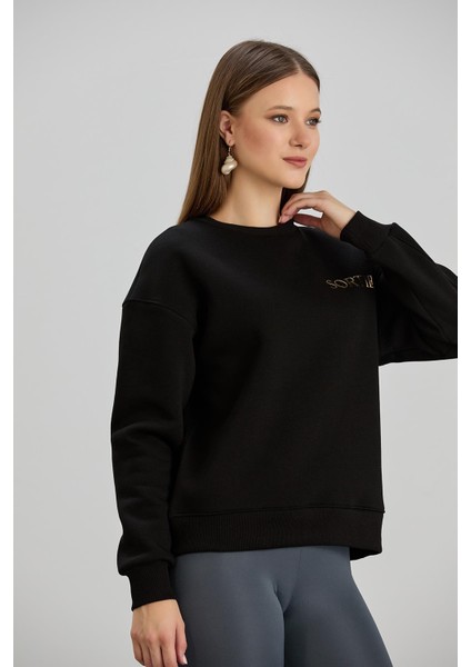 Varak Baskılı Bisiklet Yaka Üç Iplik Sweatshirt Siyah fiyatları