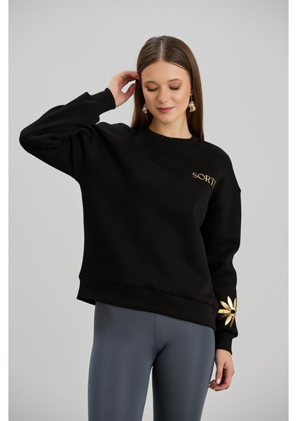 Varak Baskılı Bisiklet Yaka Üç Iplik Sweatshirt Siyah modelleri