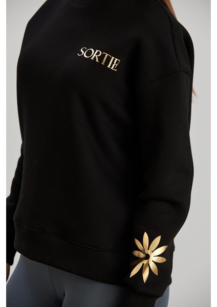 Varak Baskılı Bisiklet Yaka Üç Iplik Sweatshirt Siyah fırsatları